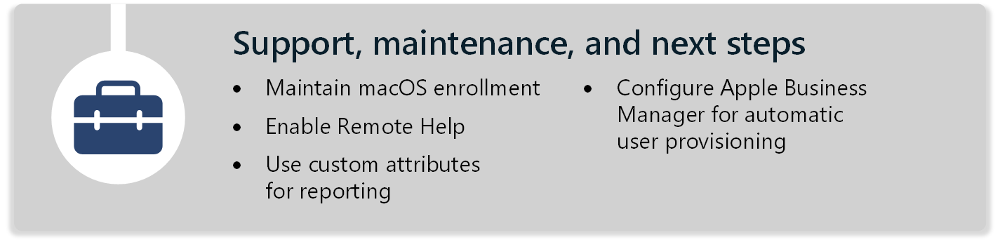 Diagrama en el que se enumeran los pasos para admitir y mantener los dispositivos macOS, incluido el uso de ayuda remota, la adición de atributos personalizados y la configuración de Apple Business Manager mediante Microsoft Intune