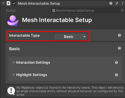 Captura de pantalla del componente Mesh Interactable Setup con el tipo de objeto establecido en Interactable.