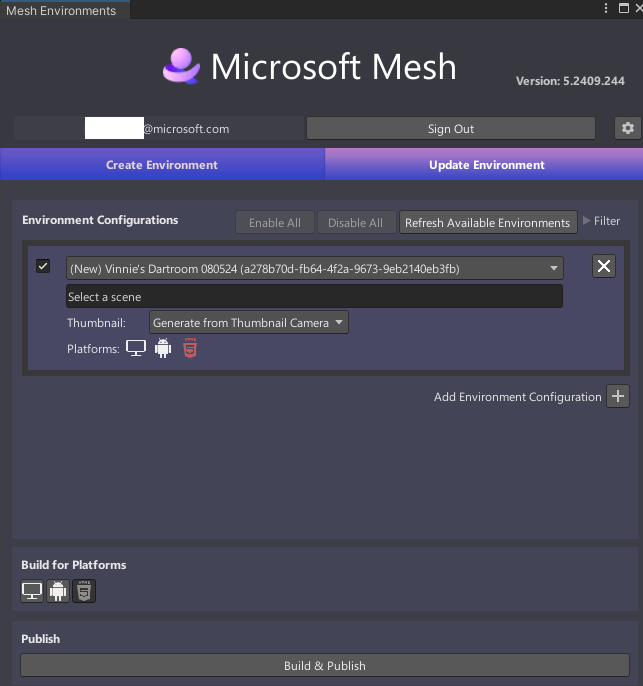 Un screenshort de la ventana Mesh Uploader en la pestaña Update Environment (Entorno de actualización)