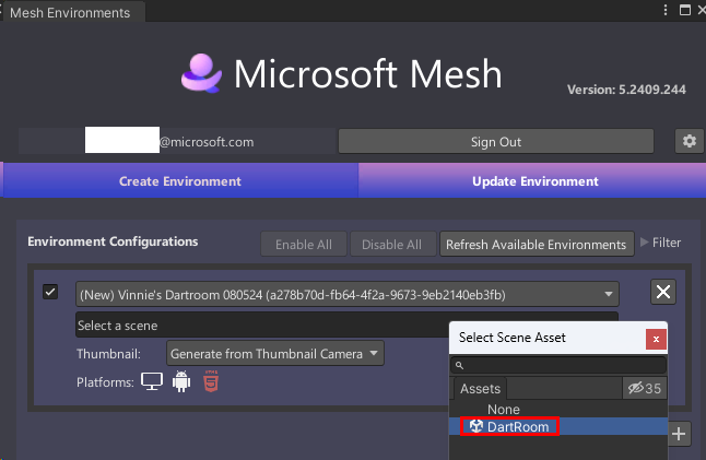 Captura de pantalla de la ventana Mesh Uploader con el elemento emergente seleccionar escena abierta