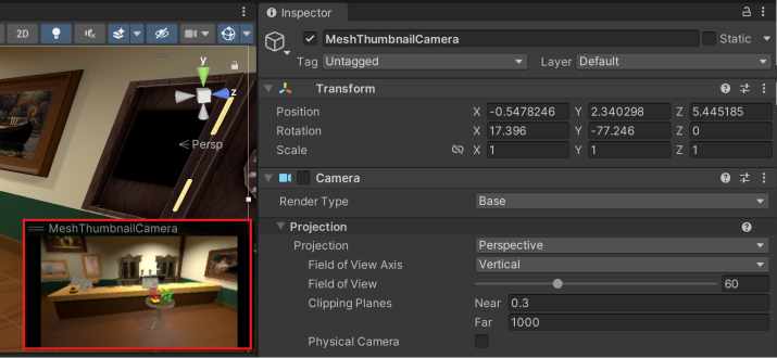Captura de pantalla del inspector de Unity y la vista de escena en la que se resalta la vista de cámara en miniatura