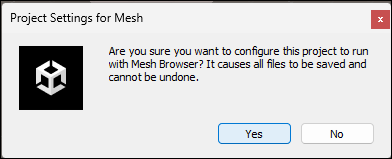 Captura de pantalla del cuadro de diálogo que se muestra en Unity preguntando si está seguro de que desea configurar el proyecto