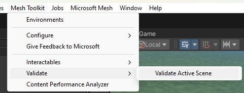 Captura de pantalla del elemento de menú Validar escena activa en mesh Toolkit.