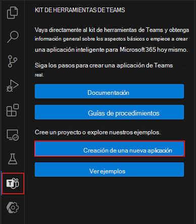 Captura de pantalla del botón Crear una nueva aplicación en la barra lateral del kit de herramientas de Teams