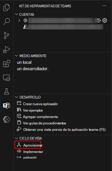 Captura de pantalla de la opción Aprovisionar en el panel Ciclo de vida del kit de herramientas de Teams