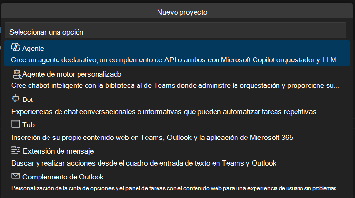 Captura de pantalla de las opciones de Nuevo proyecto con el Agente seleccionado