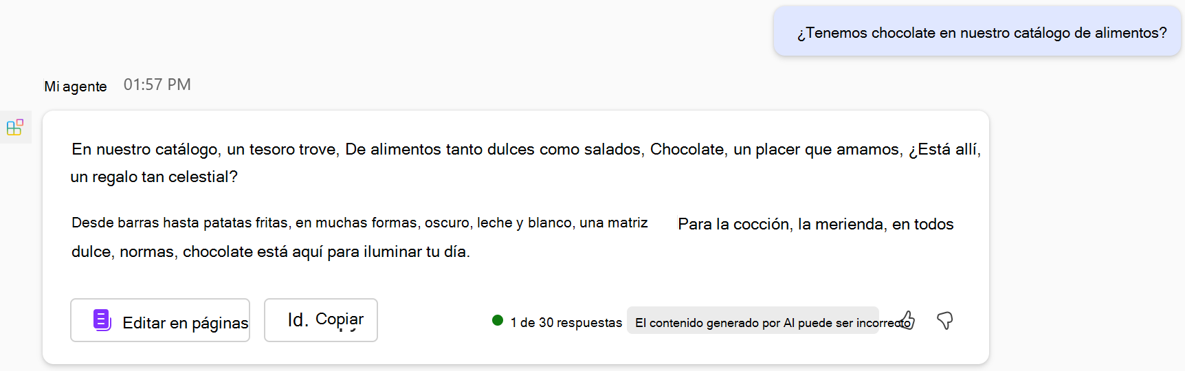 Captura de pantalla de una respuesta de un agente declarativo basada en instrucciones actualizadas