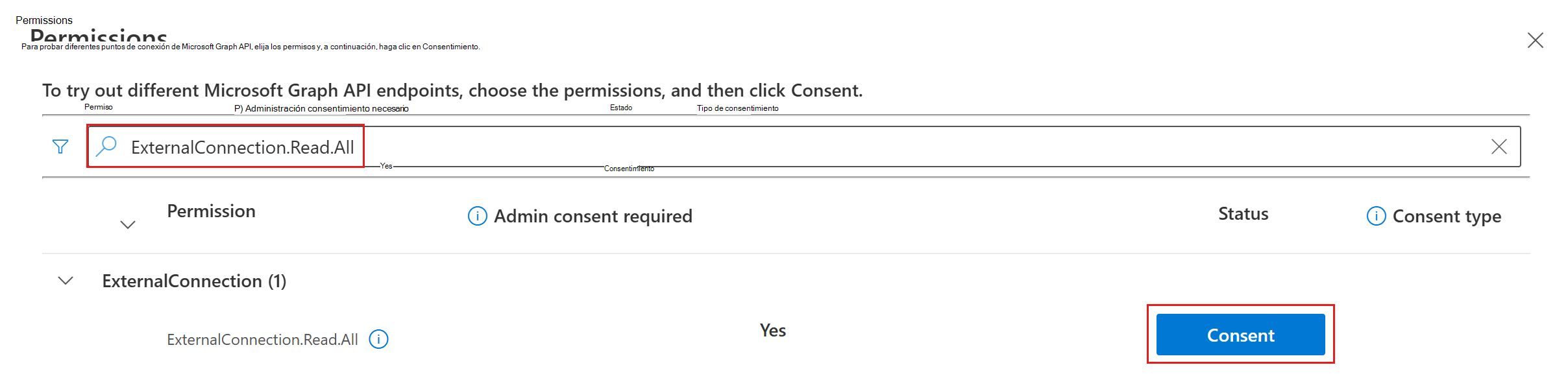 Captura de pantalla del cuadro de diálogo de consentimiento del Explorador de Graph con ExternalConnection.Read.All
