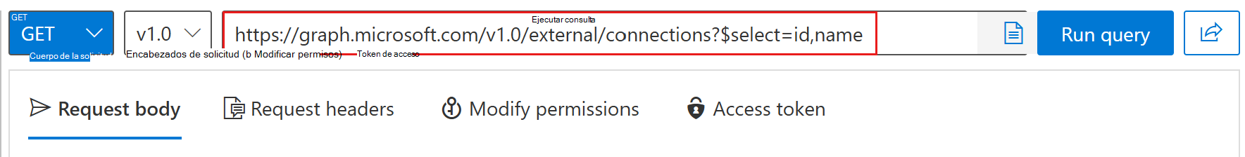 Captura de pantalla del campo de solicitud del Explorador de Graph con la consulta de conexiones