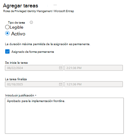 Captura de pantalla de la pestaña Configuración, en la que se muestra el tipo de asignación y la justificación.