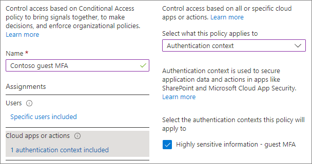 Captura de pantalla de las opciones de contexto de autenticación en la configuración de acciones o aplicaciones en la nube para una directiva de acceso condicional.