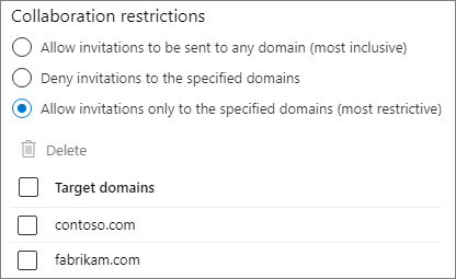 Captura de pantalla de la configuración de restricciones de colaboración en Microsoft Entra ID.