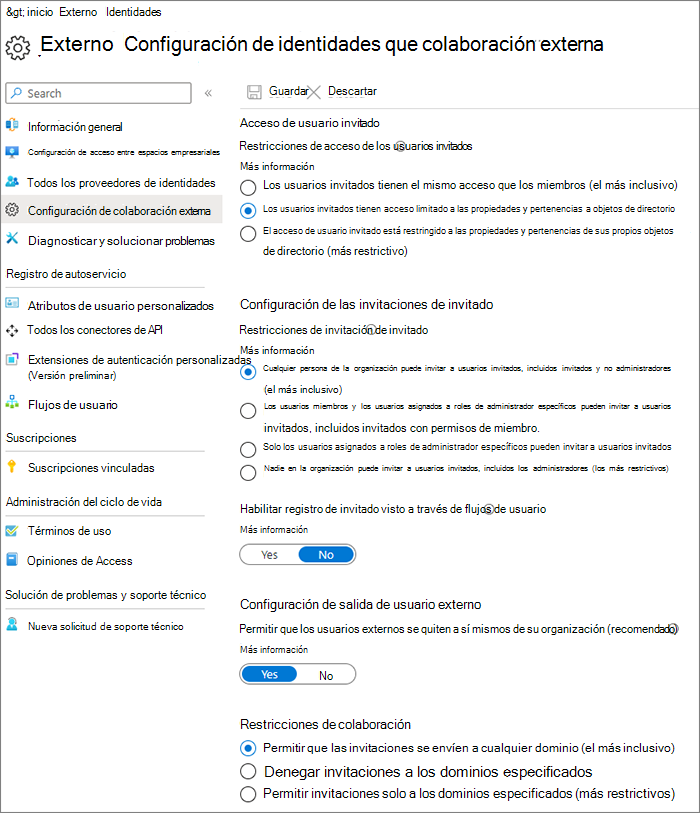 Captura de pantalla de la página Configuración de colaboración externa de Microsoft Entra.