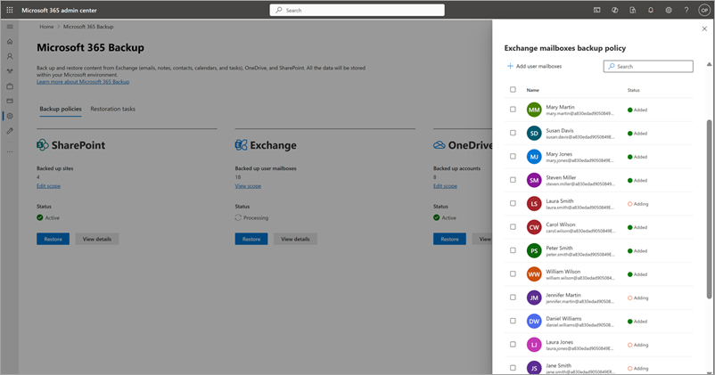 Captura de pantalla que muestra cómo agregar buzones a la directiva de copia de seguridad de Exchange existente en el Centro de administración de Microsoft 365.