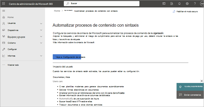 Captura de pantalla de la opción Configurar facturación en el Centro de administración de Microsoft 365.