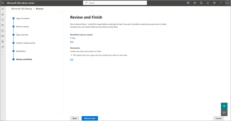 Captura de pantalla que muestra la página Revisar y finalizar para SharePoint.