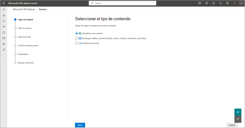 Captura de pantalla que muestra la página Seleccionar tipo de contenido con el contenido del sitio de SharePoint seleccionado.