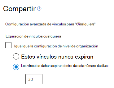 Captura de pantalla de la configuración de expiración de vínculos cualquiera de nivel de sitio de SharePoint.