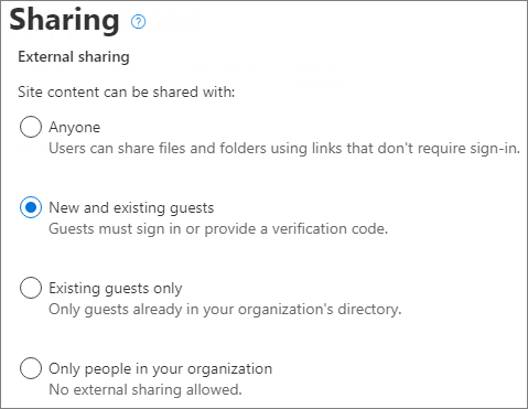 Captura de pantalla de la configuración de uso compartido de nivel de sitio de SharePoint establecida en Configuración nueva y existente.