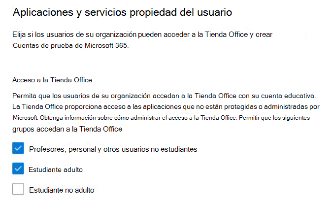 Permitir que el usuario acceda a la configuración de la tienda office para EDU