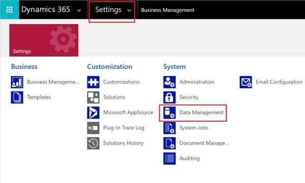 Captura de pantalla del menú Configuración, con Administración de datos resaltado.