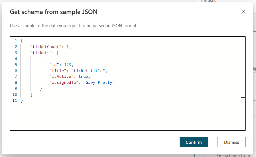 Captura de pantalla del esquema Obtener del editor JSON de muestra.