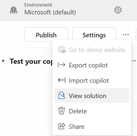 Captura de pantalla del botón de soluciones en el menú de configuración en la página de descripción general de agente.