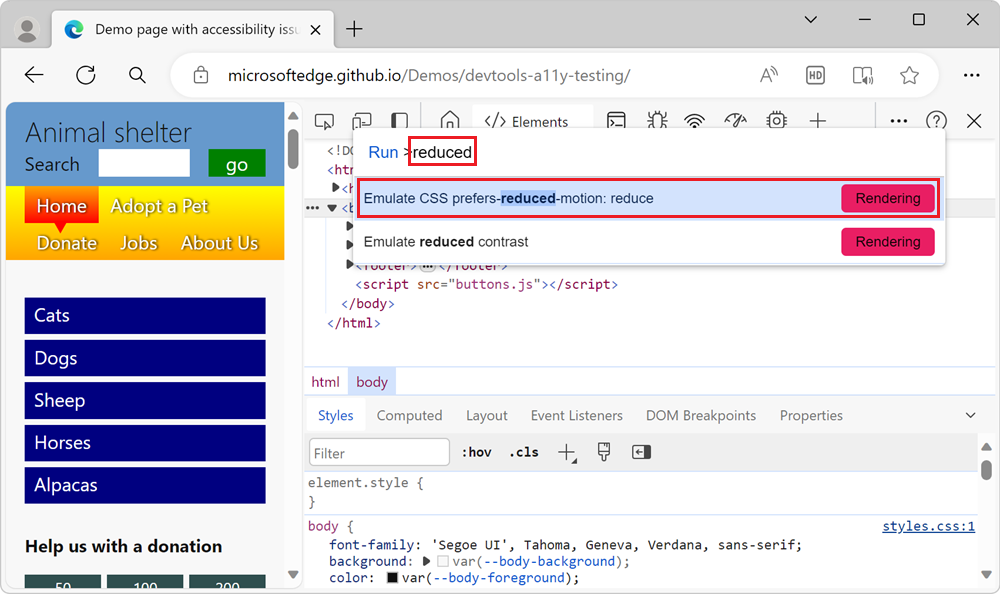 La opción Emular CSS prefers-reduced-motion en el menú Comando