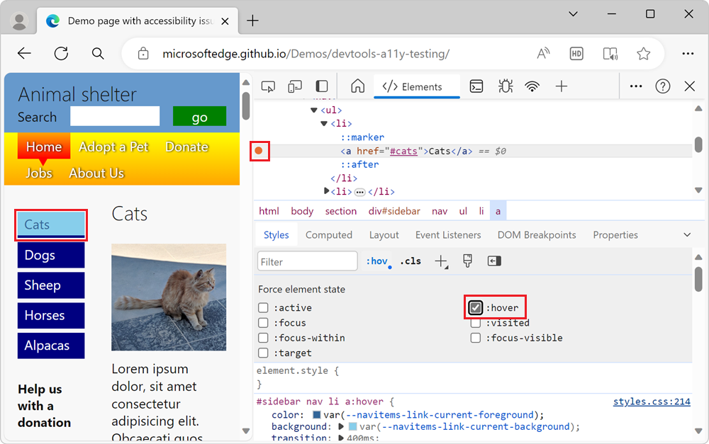 DevTools simulando un estado de mouse