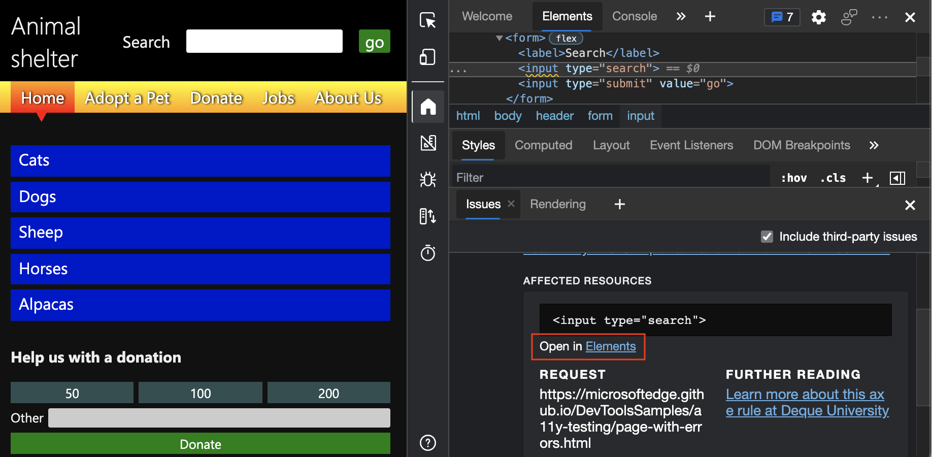 Herramienta Elements que muestra el HTML problemático después de hacer clic en el vínculo de la herramienta Problemas