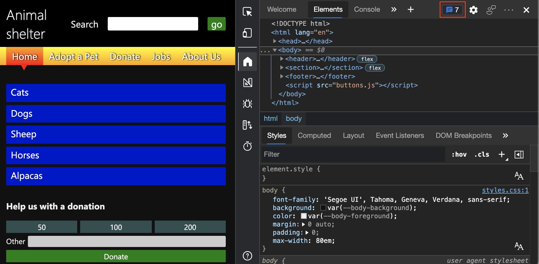 El contador Problemas de DevTools, que indica cuántos problemas hay en el documento actual