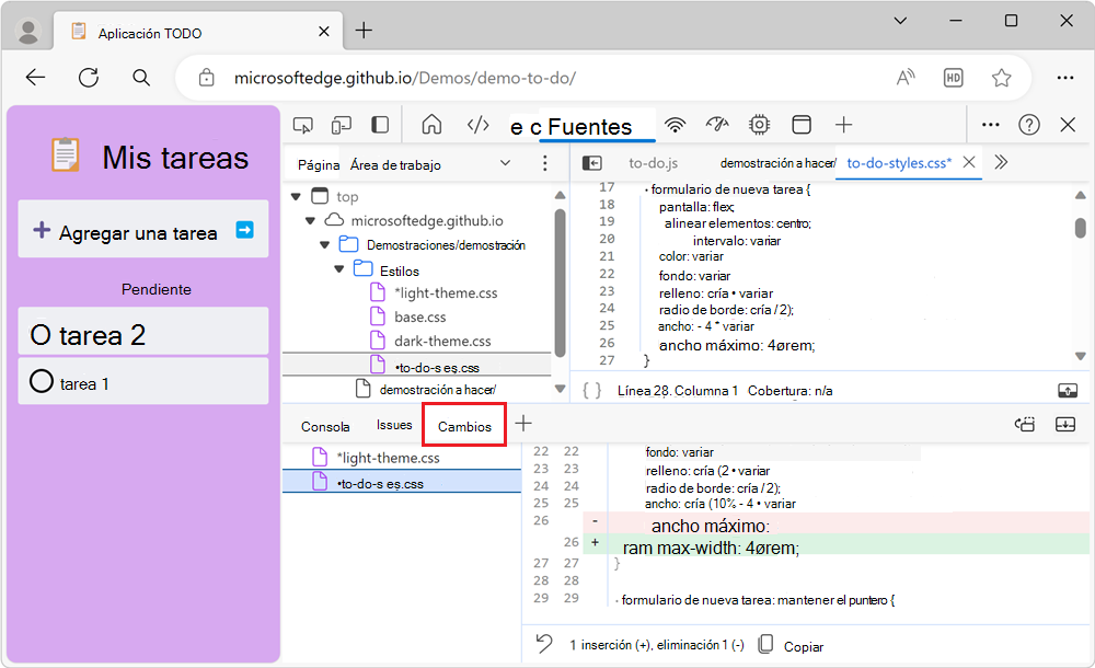 La herramienta Cambios muestra dos archivos que se han modificado y las modificaciones del archivo seleccionado