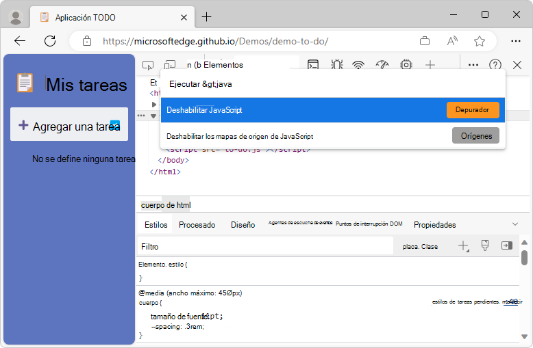 Uso del menú Comandos para deshabilitar JavaScript