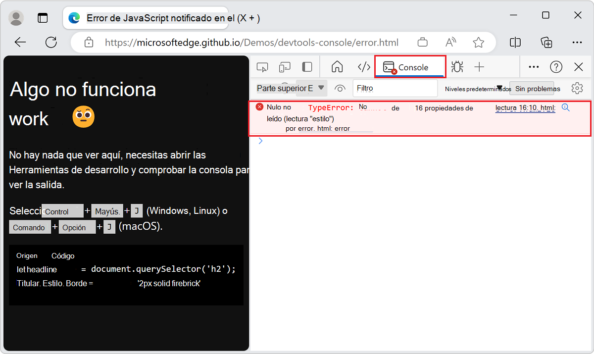 DevTools proporciona información detallada sobre el error en la consola