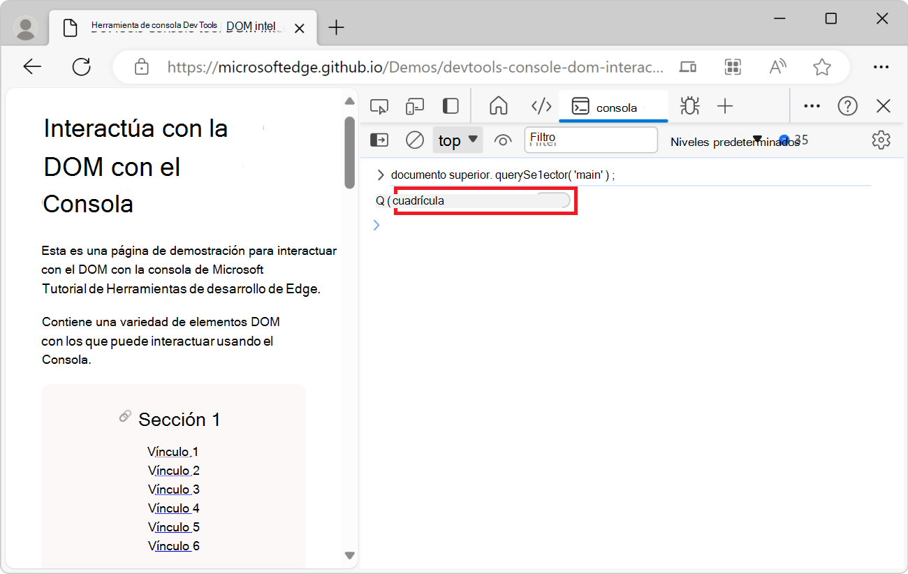 La herramienta Consola de DevTools, que muestra la expresión document.querySelector y el elemento principal resultante