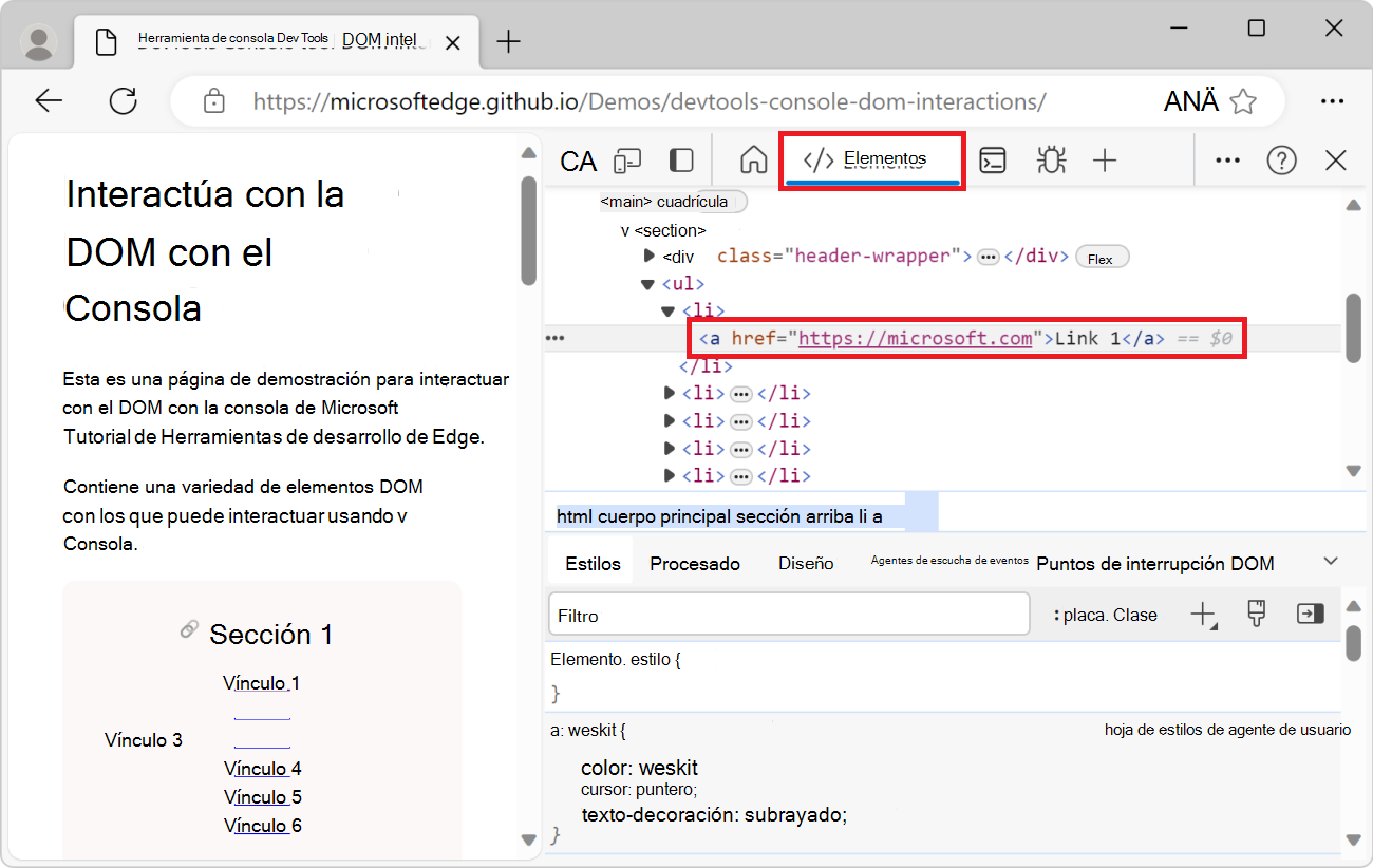 La herramienta Elementos de DevTools, con el elemento de vínculo seleccionado