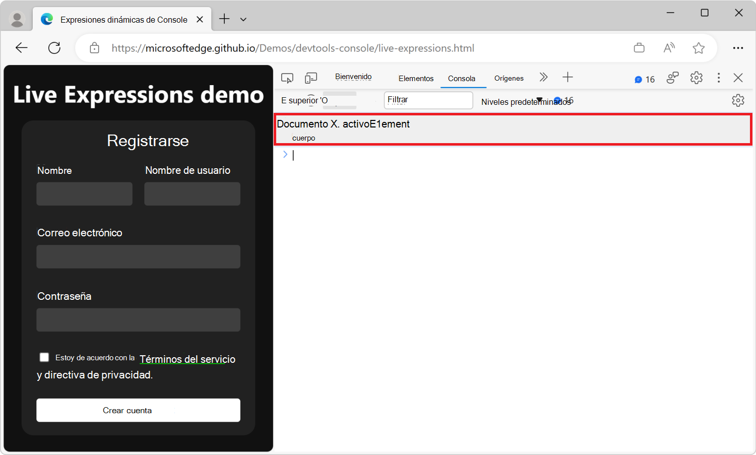 La herramienta Consola, con una fila Live Expression debajo de la barra de herramientas, que muestra el documento de expresión de JavaScript.activeElement y su resultado actual: body