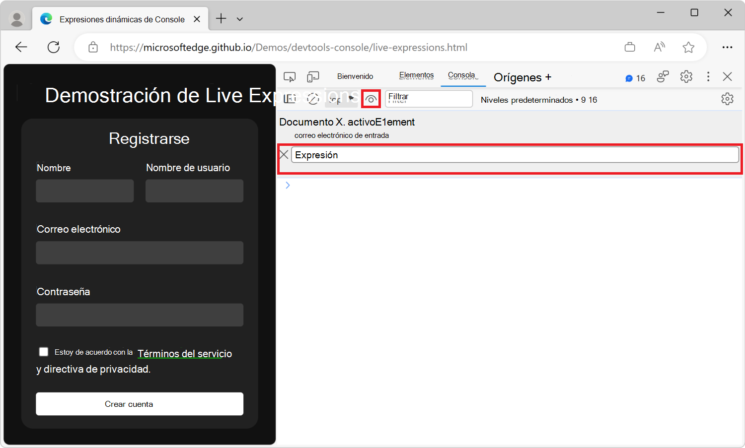 La herramienta Consola de DevTools, con una expresión en directo y un nuevo cuadro de texto de expresión dinámica debajo