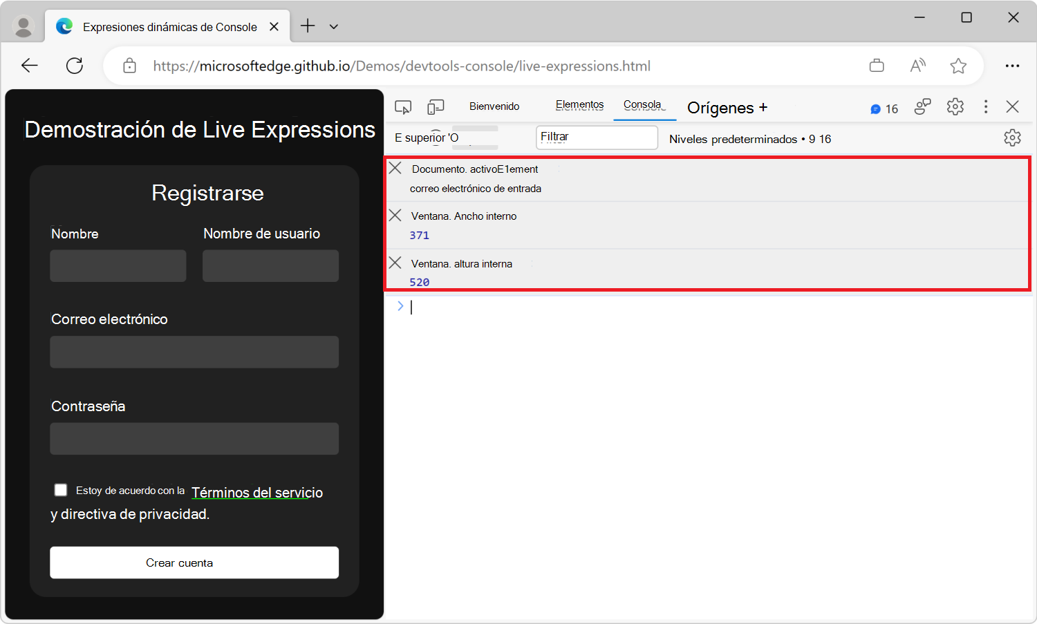 La herramienta Consola de DevTools, con tres expresiones dinámicas: document.activeElement, window.innerWidth y window.innerHeight