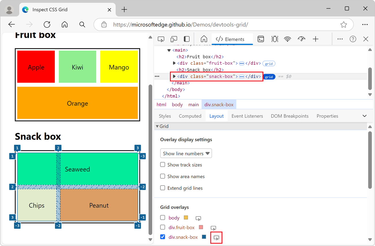 Resaltar la cuadrícula en la página web representada