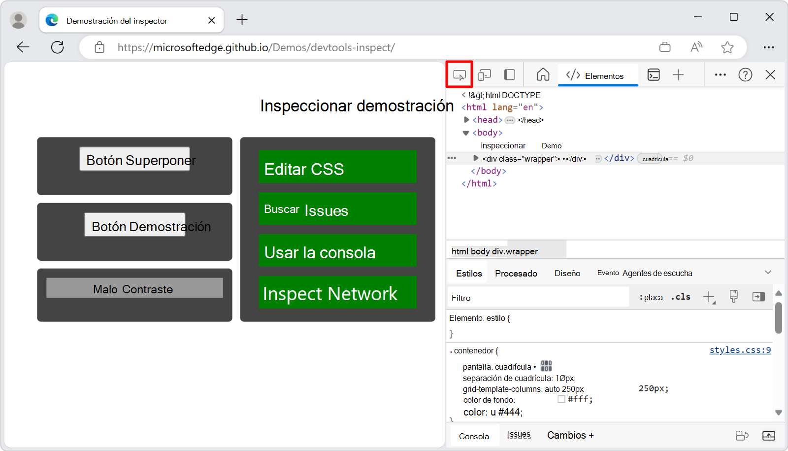 Botón Inspeccionar herramienta en la parte superior izquierda de DevTools