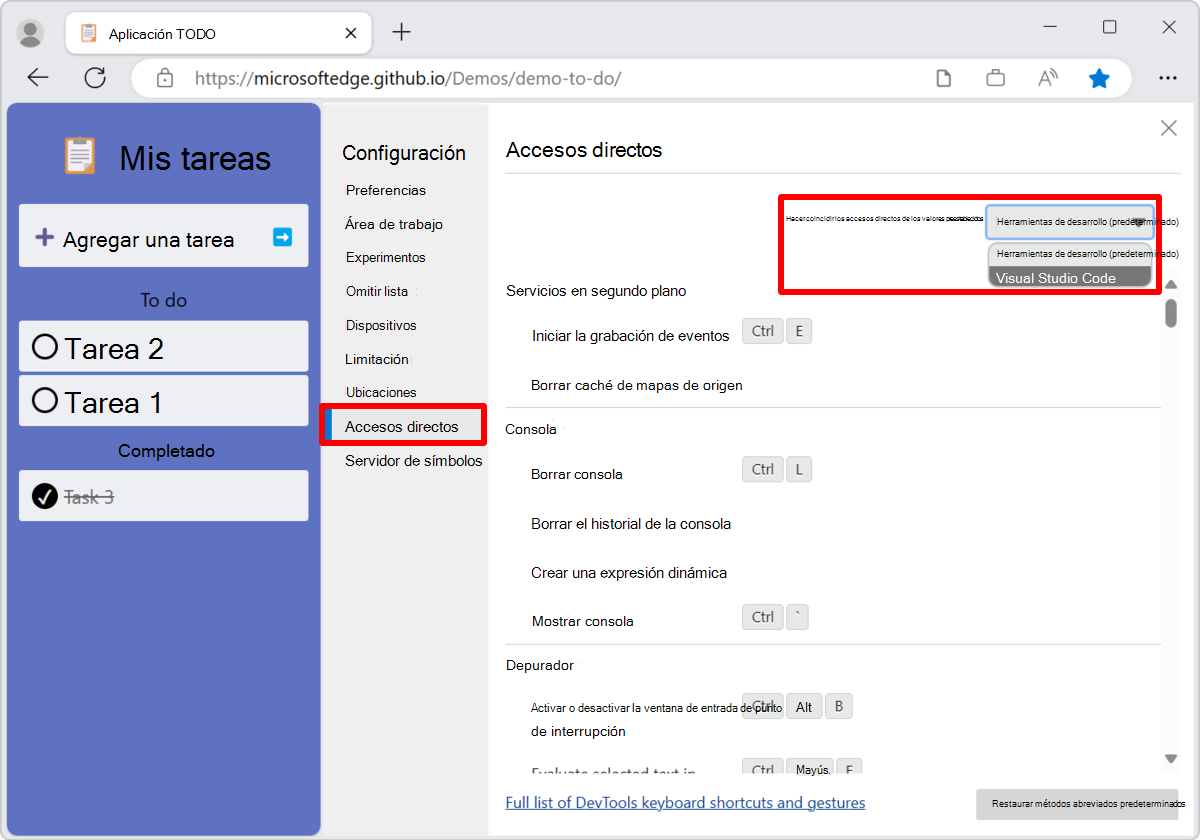 Coincidencia de métodos abreviados de teclado en DevTools para Visual Studio Code