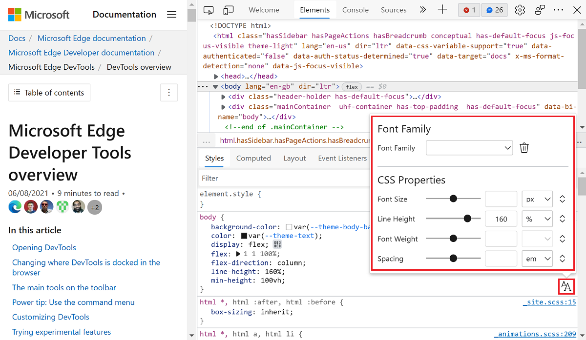 El Editor de fuentes se abre en la parte superior del panel Estilos