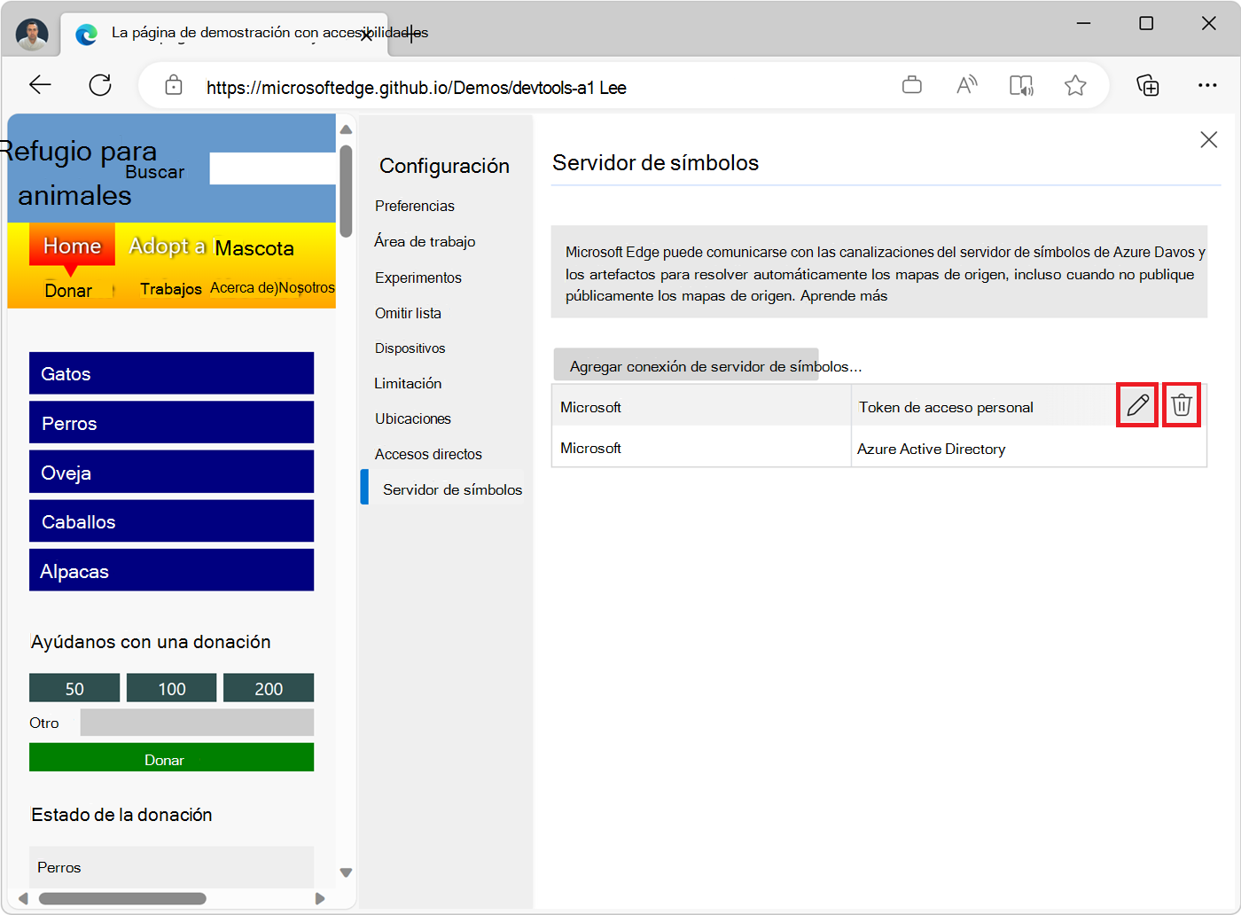 Botones de eliminación y edición, en un elemento de conexión, en la página Configuración del servidor de símbolos