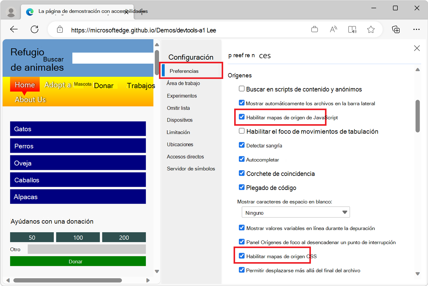 La pantalla DevTools settings (Configuración de preferencias) en DevTools settings (Configuración de DevTools)