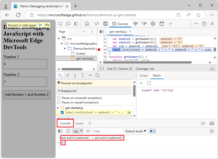 La herramienta Consola, después de evaluar parseInt(addend1) + parseInt(addend2)