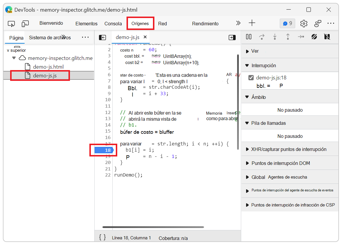 El inspector de memoria establece el punto de interrupción en el archivo JavaScript