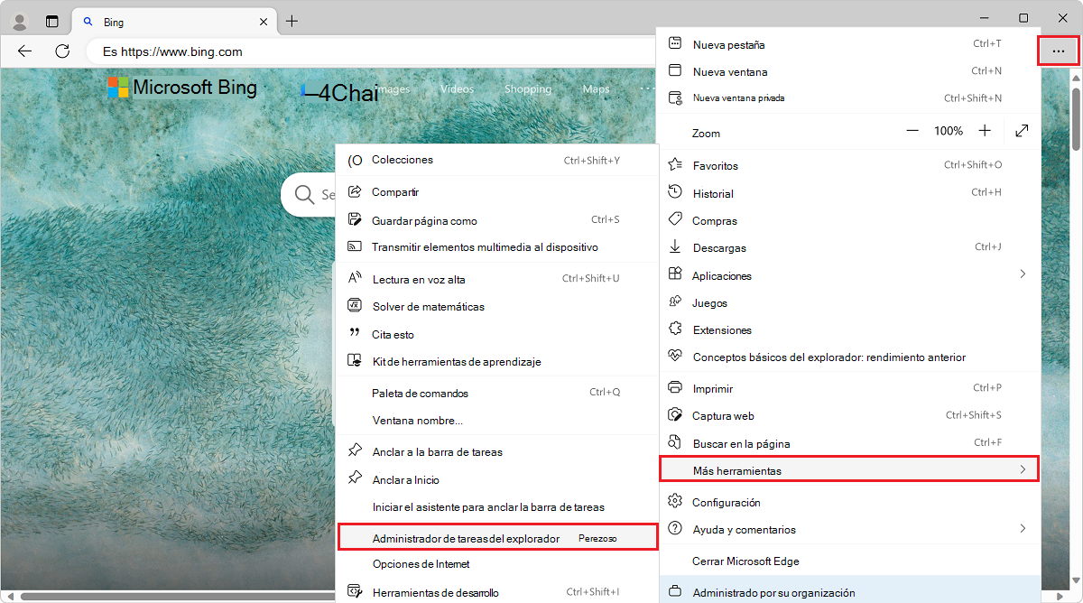 Apertura del Administrador de tareas del explorador Microsoft Edge