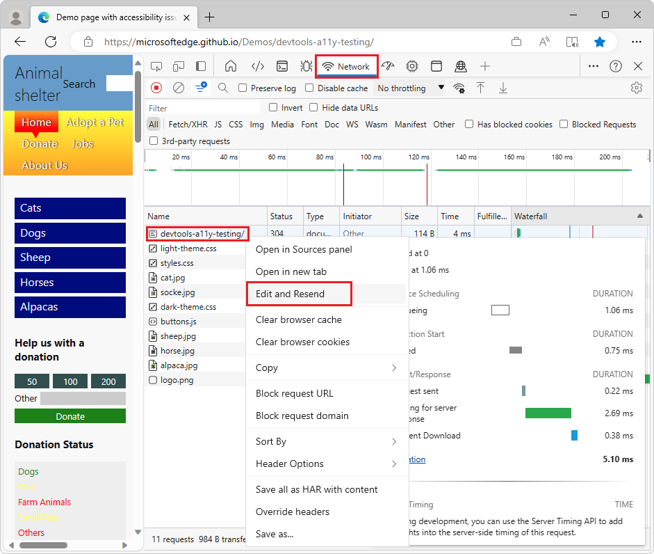 Haga clic con el botón derecho en un recurso de la página web para seleccionar 