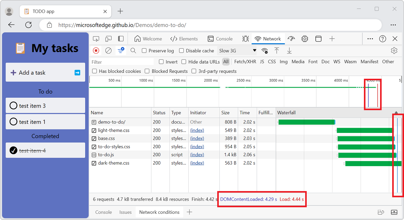 Ubicaciones de los eventos DOMContentLoaded y load en el panel Red